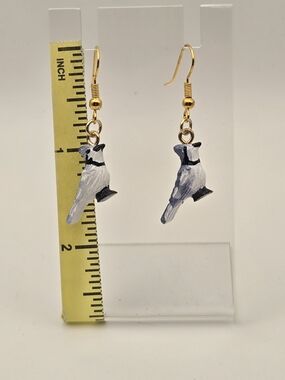 Gold Hook Blue-Gray Bird Dangle Earrings